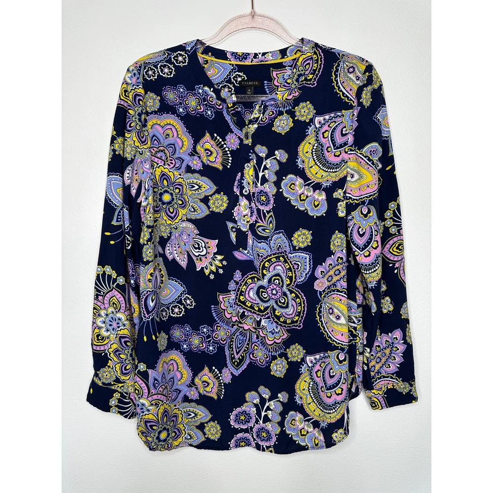 Talbots Popover Top Womens Size M Navy Blue Paisley Floral‎ Boho Office Classic